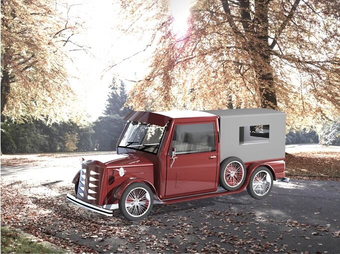 Unit 01 electric pickup with canopy, rear three-quarter view