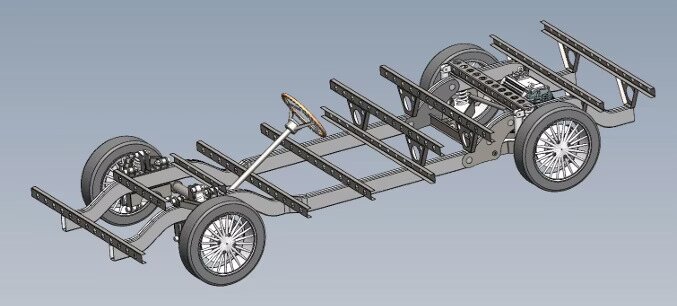 Chassis assembly diagram showing frame, wheels, and steering column