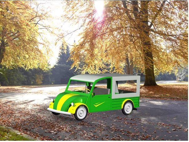 Unit 02 electric pickup variant with canopy, rear three-quarter view